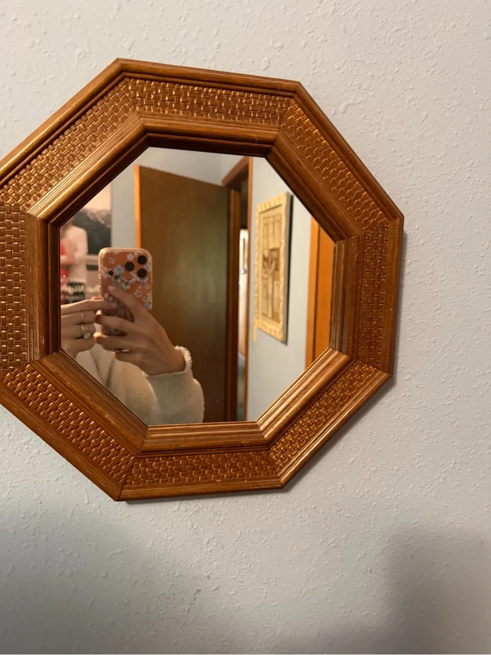 Octagonal Wood-Tone Wall Mirror - Brown